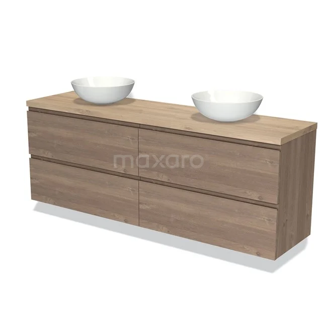 Modulo Plato Vanity units for countertop basin | 200 cm Mid brown oak Handle-less front Light brown oak worktop 4 drawers BMK18-02001