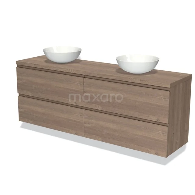 Houten badkamermeubel met dubbele waskommen, modern design en laden; ideaal voor stijlvolle badkameropslag.
