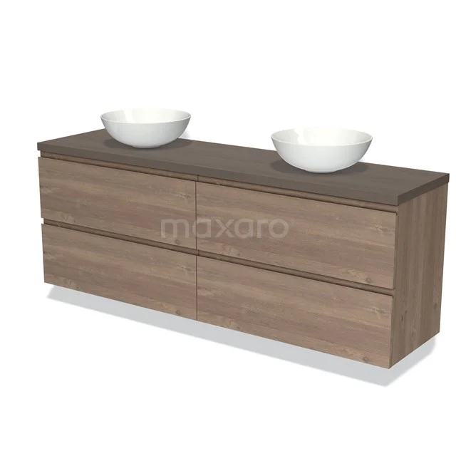 Houten badkamerkast met donker eiken afwerking, dubbele lades en dubbele ronde wastafels, ideaal voor moderne badkamers.