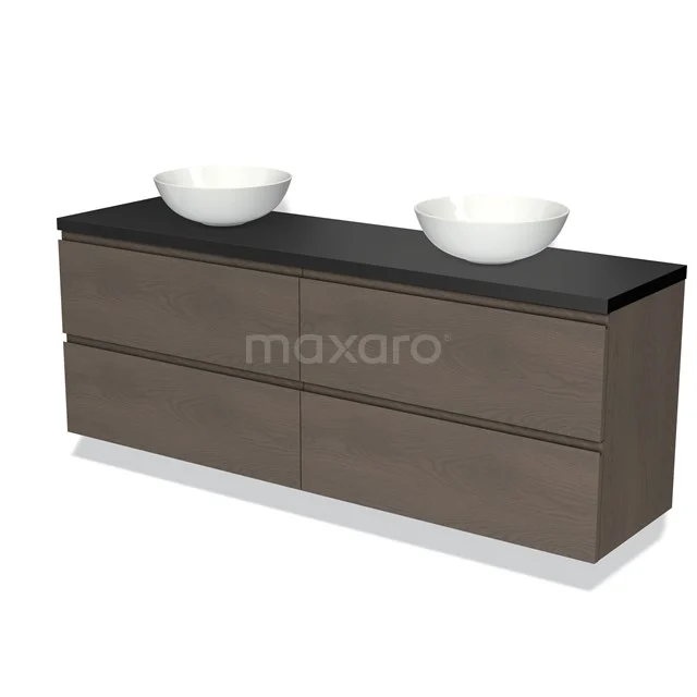 Braunes Holz-Badmöbel mit doppelter schwarzer Waschtischplatte und zwei weißen komförmigen Aufsatzwaschbecken, modernes Design.