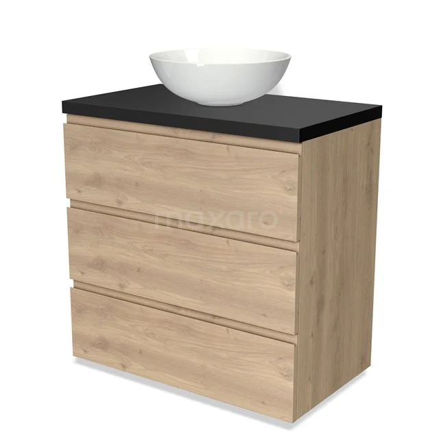 Badmöbel für Waschtischunterschrank mit Konsole 80cm Modulo Plato hellbraune Eiche 3 Schubladen grifflos Matt Schwarz Platte BMK19-01345 Holz-Badmöbel mit drei Schubladen, schwarzer Waschtischplatte und weißem Aufsatzbecken, modernes Design für stilvolle Bäder.