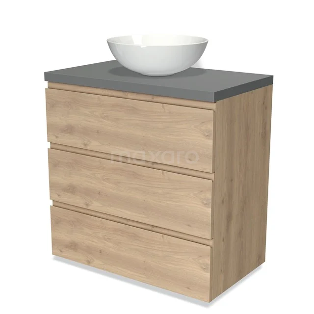 Badmöbel für Aufsatzwaschbecken 80cm Modulo Plato Hellbraune Eiche 3 Schubladen Grifflos Mittelgraue Platte BMK19-01346 Hölzernes Badezimmermöbel mit grauer Platte und weißem keramischen Aufsatzwaschbecken, moderner Stil mit drei Schubladen für praktischen Stauraum.