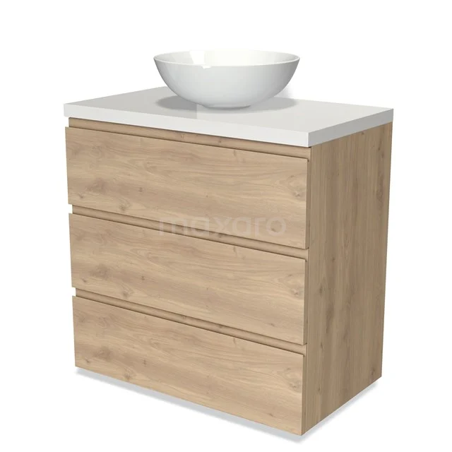 Badmöbel für Aufsatzwaschbecken 80cm Modulo Plato Hellbraune Eiche 3 Schubladen Grifflos Hochglanz Weiß Platte BMK19-01347 Hölzernes Badezimmermöbel mit drei Schubladen und einem weißen runden Aufsatzwaschbecken, ideal für einen modernen Stil.