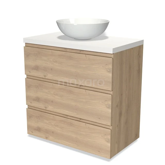 Badmöbel für Aufsatzwaschbecken 80cm Modulo Plato Hellbraune Eiche 3 Schubladen Grifflos Matt Weiß Platte BMK19-01348 Holz-Badschrank mit drei Schubladen und einem weißen, runden Waschbecken oben; moderne und praktische Aufbewahrungslösung.