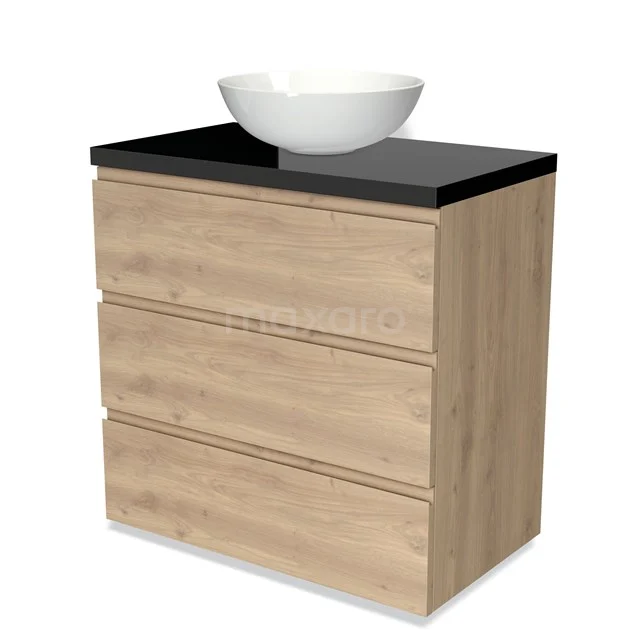 Hölzernes Badezimmermöbel mit schwarzer Platte und weißem schalenförmigen Waschbecken, 3 Schubladen, ideal für moderne Badezimmergestaltung.