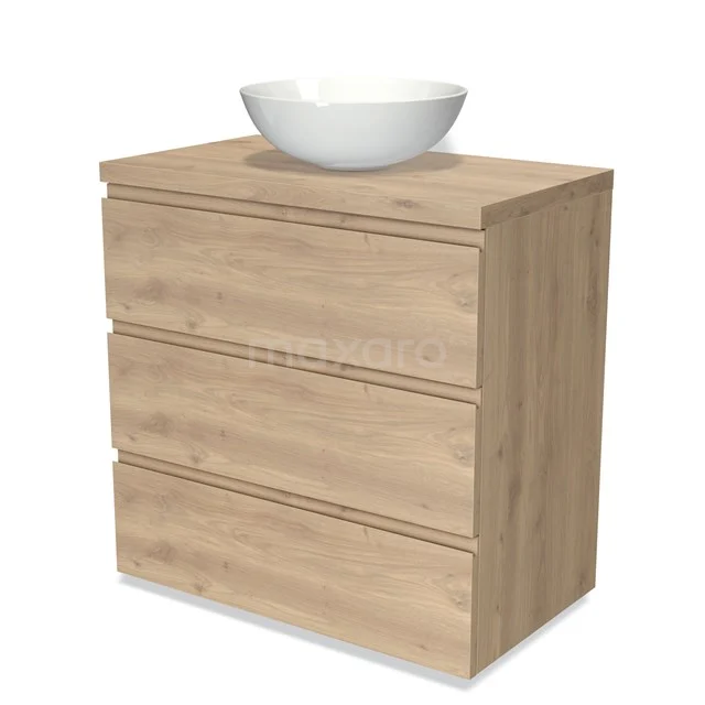 Holz Badmöbel mit drei Schubladen, Naturlook, inkl. weißem keramischen Waschbecken; stilvolle und praktische Badezimmerlösung.