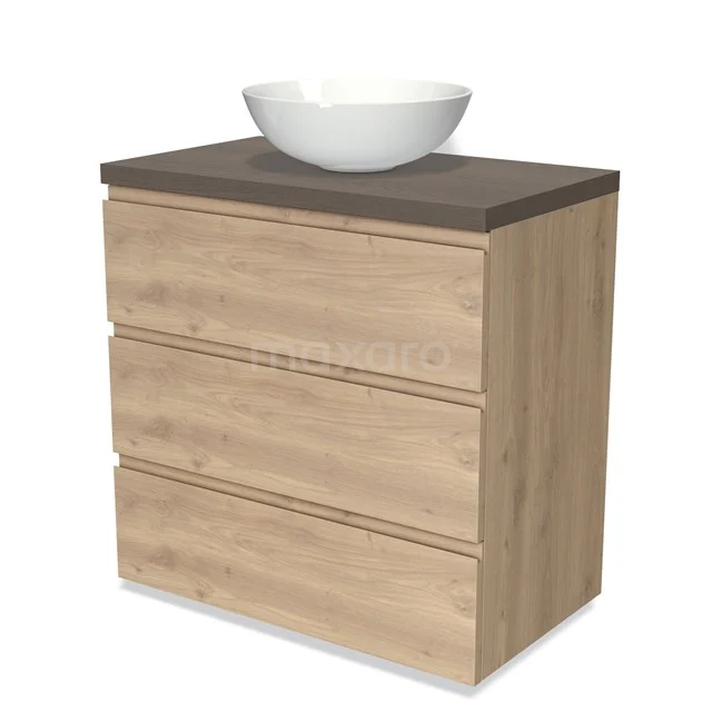 Holz Badezimmermöbel mit drei Schubladen, dunkler Platte und weißem Waschbecken; stilvolles Design aus nachhaltigem Material.