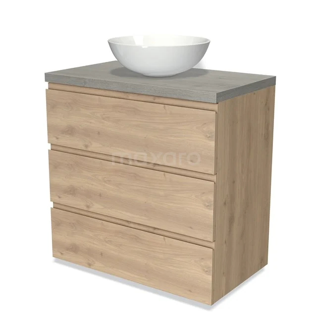 Holz Badezimmermöbel mit drei Schubladen, graue Platte in Betonoptik und einem weißen keramischen schalenförmigen Waschbecken.