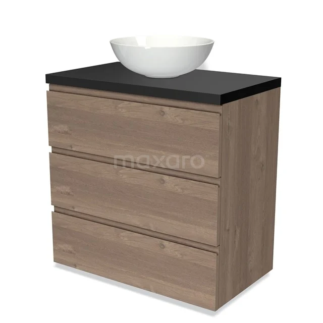 Modulo Plato Vanity units for countertop basin | 80 cm Mid brown oak Handle-less front Matte black worktop 3 drawers BMK19-01359
