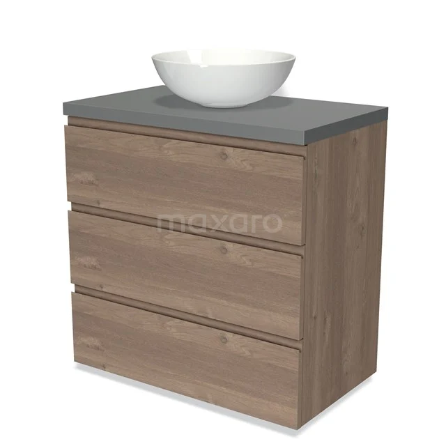 Modulo Plato Vanity units for countertop basin | 80 cm Mid brown oak Handle-less front Mid grey worktop 3 drawers BMK19-01360
