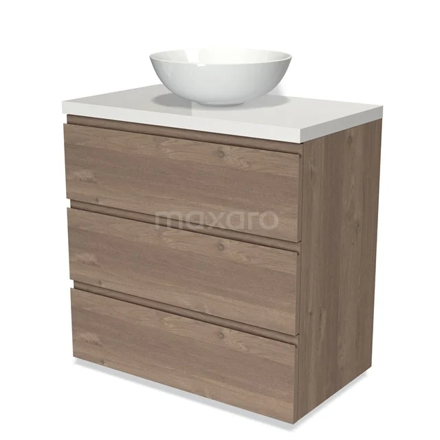 Modulo Plato Vanity units for countertop basin | 80 cm Mid brown oak Handle-less front High-gloss white worktop 3 drawers BMK19-01361
