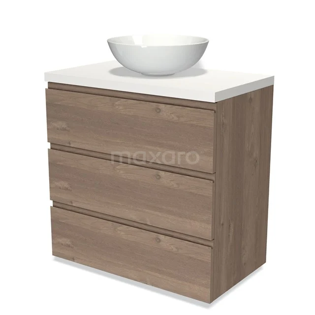 Modulo Plato Vanity units for countertop basin | 80 cm Mid brown oak Handle-less front Matte white worktop 3 drawers BMK19-01362