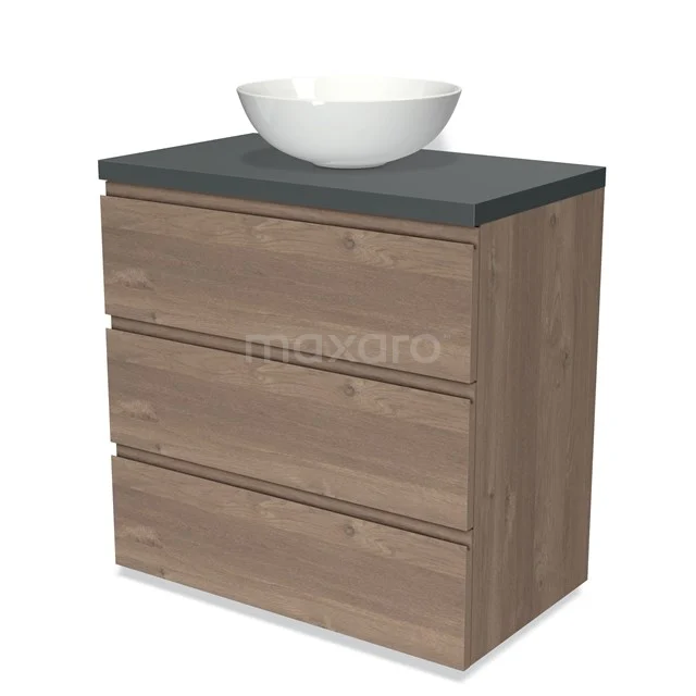 Modulo Plato Vanity units for countertop basin | 80 cm Mid brown oak Handle-less front Dark grey worktop 3 drawers BMK19-01363