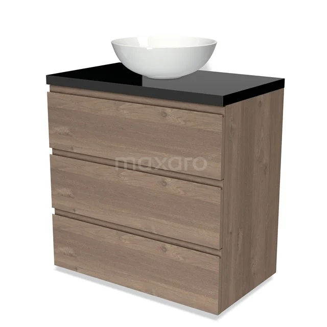 Badmöbel für Aufsatzwaschbecken 80cm Modulo Plato mittelbraune Eiche 3 Schubladen grifflos Hochglanz Schwarz Platte BMK19-01364 Holz Badezimmermöbel mit 3 Schubladen, schwarzer Platte und weißem rundes Waschbecken. Modernes Design für ein stilvolles Badezimmer.