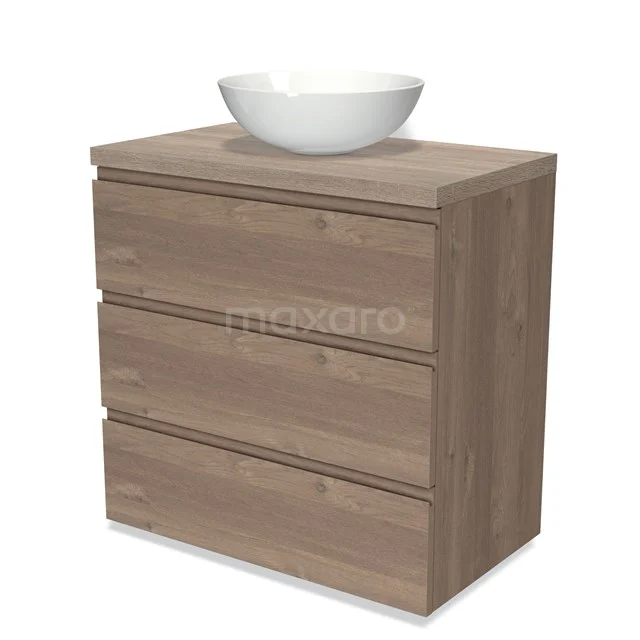 Modulo Plato Vanity units for countertop basin | 80 cm Mid brown oak Handle-less front Oak worktop 3 drawers BMK19-01365
