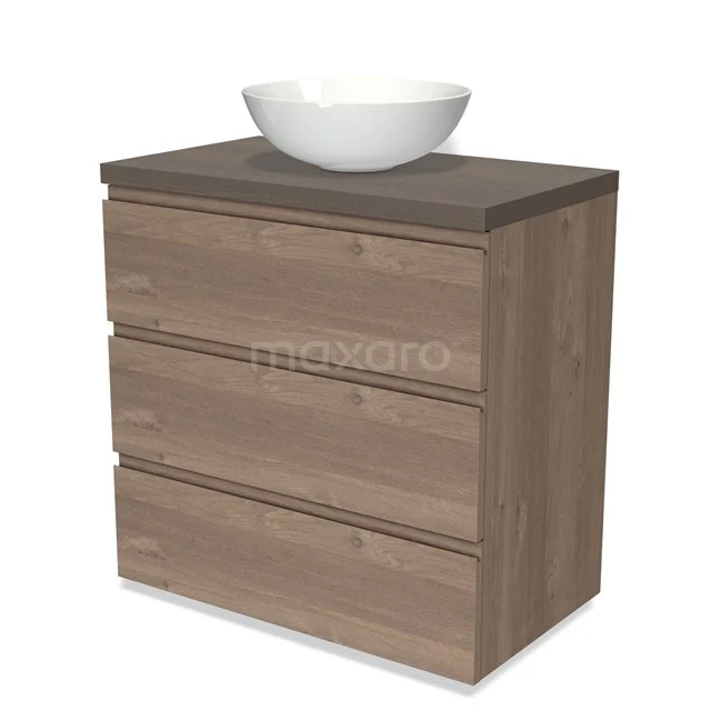Modulo Plato Vanity units for countertop basin | 80 cm Mid brown oak Handle-less front Dark brown oak worktop 3 drawers BMK19-01369