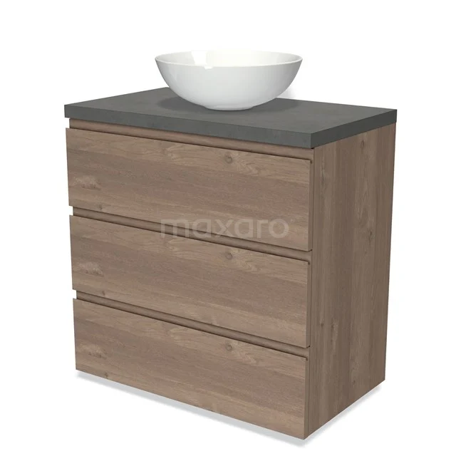Modulo Plato Vanity units for countertop basin | 80 cm Mid brown oak Handle-less front Dark grey concrete worktop 3 drawers BMK19-01372