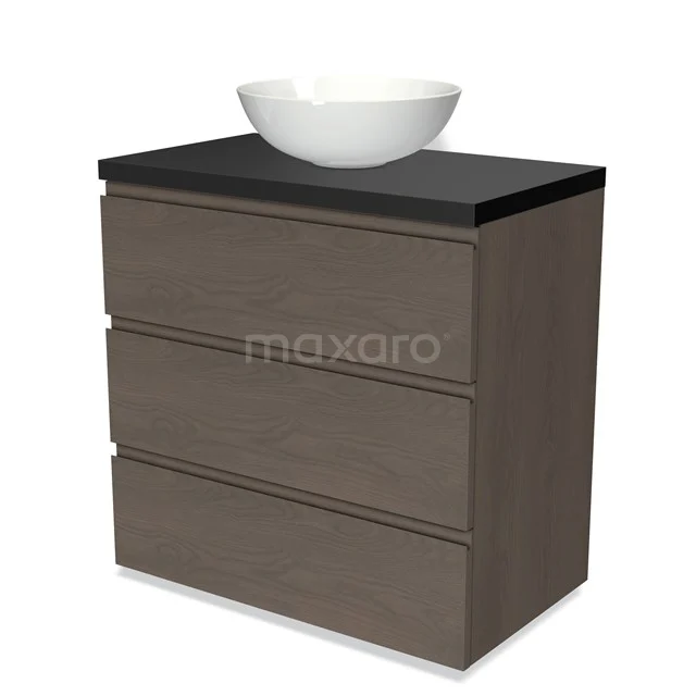 Badmöbel für Waschtischunterschrank mit Konsole 80cm Modulo Plato dunkelbraune Eiche 3 Schubladen grifflos Matt Schwarz Platte BMK19-01373 Holz Badezimmermöbel mit drei Schubladen, schwarzer Oberseite und einem stilvollen weißen schalenförmigen Waschbecken.
