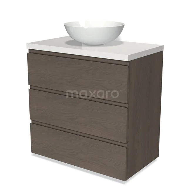 Modulo Plato Vanity units for countertop basin | 80 cm Dark brown oak Handle-less front High-gloss white worktop 3 drawers BMK19-01375 Modern bathroom furniture set with wood-look, white surface-mounted basin and three drawers for practical storage space.