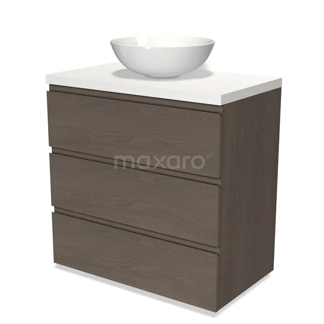 Modulo Plato Vanity units for countertop basin | 80 cm Dark brown oak Handle-less front Matte white worktop 3 drawers BMK19-01376