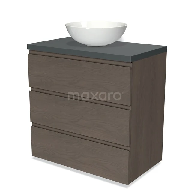 Modulo Plato Vanity units for countertop basin | 80 cm Dark brown oak Handle-less front Dark grey worktop 3 drawers BMK19-01377