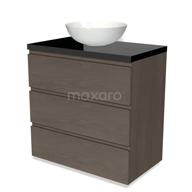 Holz Badezimmermöbel mit drei Schubladen, schwarzer Platte und rundem weißen Aufsatzwaschbecken, modernes Design für ein stilvolles Badezimmer.