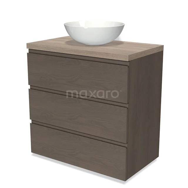 Modulo Plato Vanity units for countertop basin | 80 cm Dark brown oak Handle-less front Oak worktop 3 drawers BMK19-01379