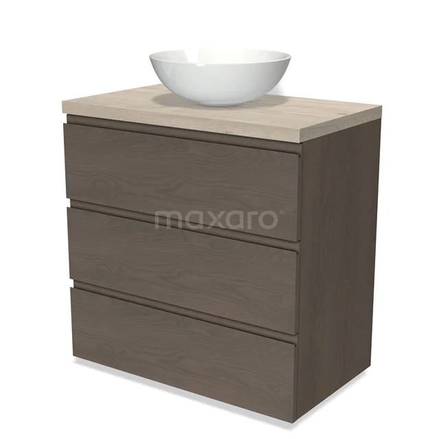 Modulo Plato Vanity units for countertop basin | 80 cm Dark brown oak Handle-less front Light grey oak worktop 3 drawers BMK19-01380