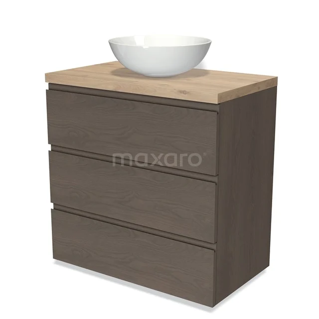 Modulo Plato Vanity units for countertop basin | 80 cm Dark brown oak Handle-less front Light brown oak worktop 3 drawers BMK19-01381