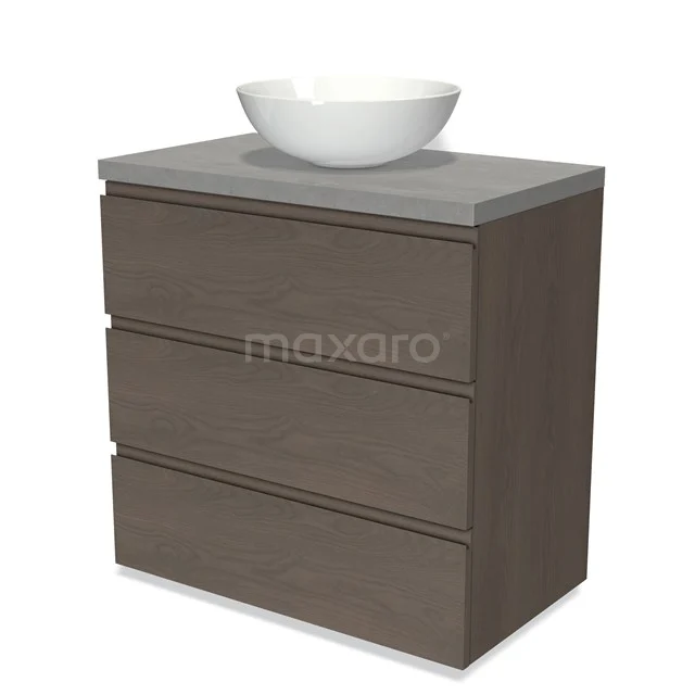 Modulo Plato Vanity units for countertop basin | 80 cm Dark brown oak Handle-less front Light grey concrete worktop 3 drawers BMK19-01385