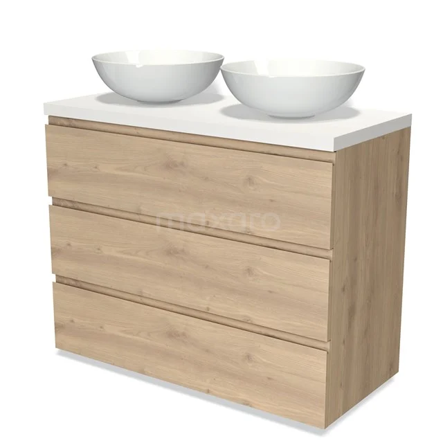 Holz-Badmöbel mit weißen doppelten Aufsatzwaschbecken, modernes Design und drei Schubladen, geeignet für rustikalen Badezimmerstil.