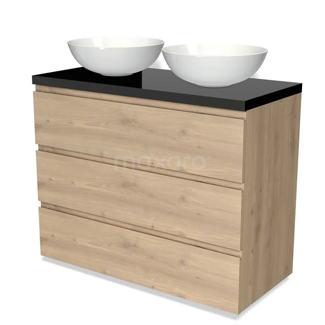 Holz-Badmöbel mit schwarzer Waschtischplatte und doppelten weißen Aufsatzwaschbecken, modernes Design und integrierte Schubladen.