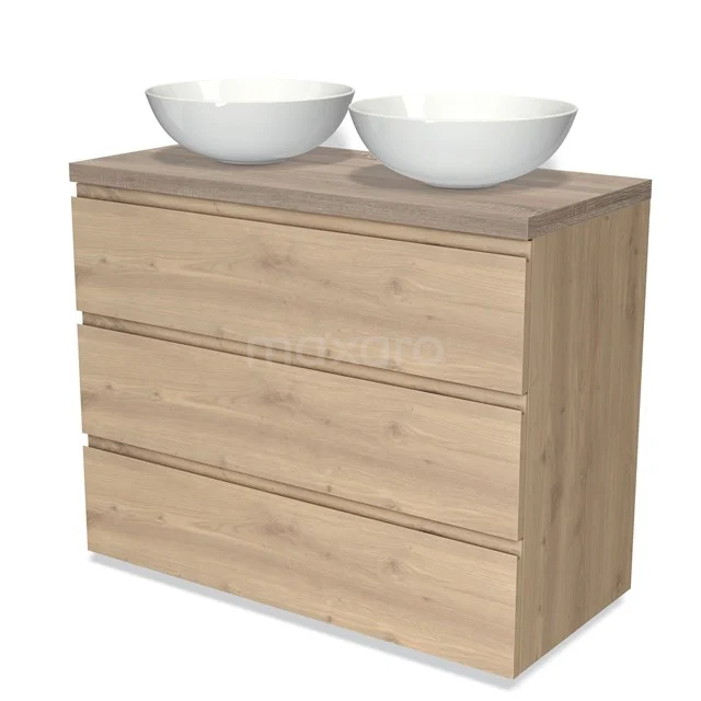 Holz-Badmöbel mit 3 Schubladen und doppelten weißen Aufsatzwaschbecken, ideal für einen modernen und natürlichen Badezimmerstil.