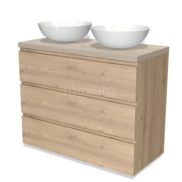 Holz Badezimmermöbel mit heller Eiche Oberfläche, drei Schubladen und doppeltem weißen Waschbecken; moderne und praktische Ausstrahlung.