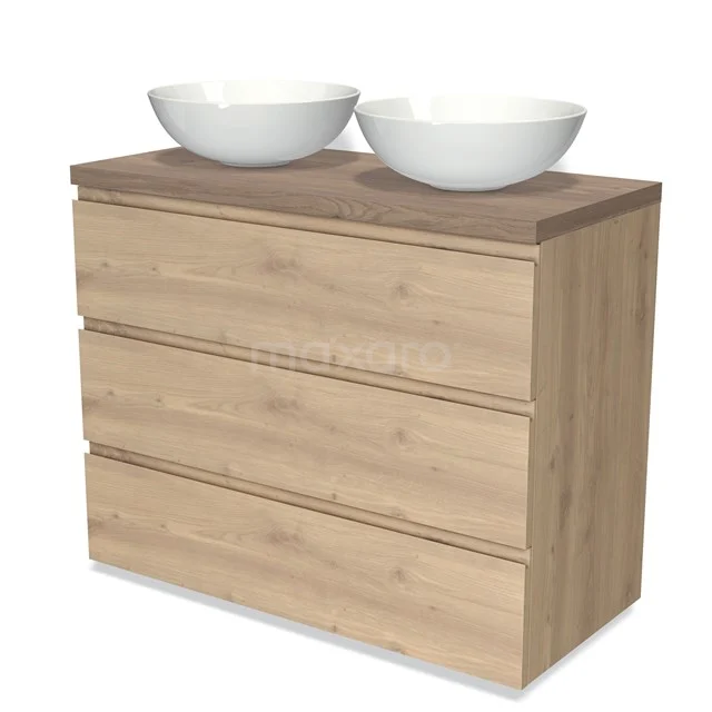 Holz Badezimmermöbel mit drei Schubladen, einschließlich zwei runden, weißen Aufsatzwaschbecken, perfekt für ein stilvolles Badezimmer.