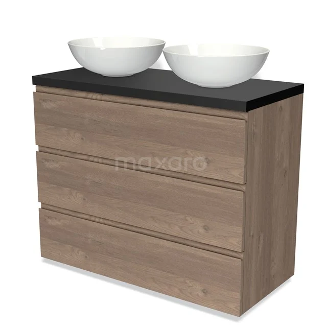 Holz-Badmöbel mit drei Schubladen, schwarzer Platte und zwei weißen Waschbecken, modernes Design für stilvolle Bäder.