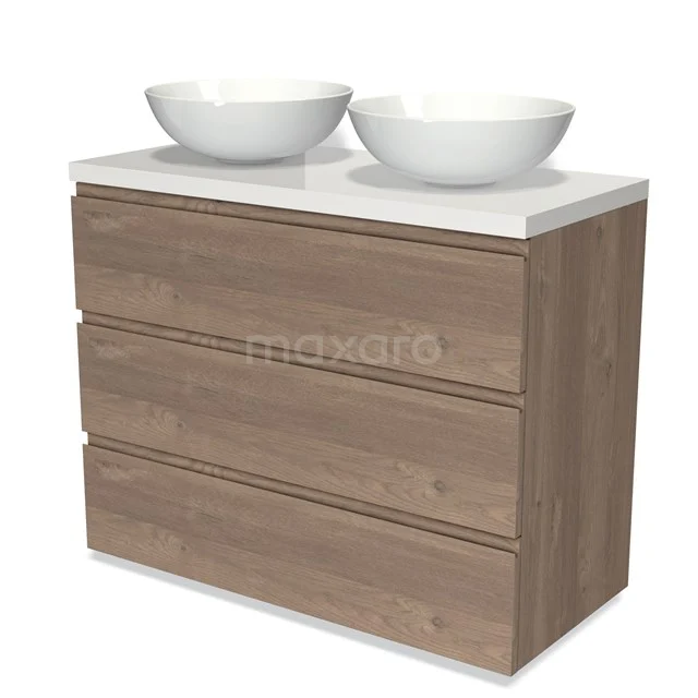 Holz Badezimmermöbel mit weißen Aufsatzwaschbecken, moderne Ausstrahlung, 3 Schubladen, ideal für stilvolle Badezimmerlagerung.