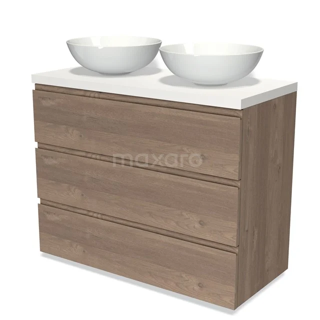 Holz Badezimmermöbel mit drei Schubladen, doppelten weißen Aufsatzwaschbecken, modernes Design; ideal für ein stilvolles Badezimmer.