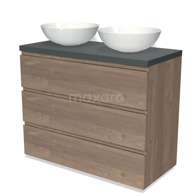 Hölzernes Badezimmermöbel mit grauer Steinplatte und zwei weißen Aufsatzwaschbecken, modernes Design für stilvolle Bäder.