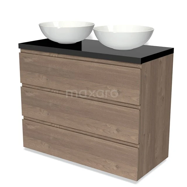 Holz-Badmöbel mit drei Schubladen, schwarzer Platte und zwei weißen keramischen Aufsatzwaschbecken für einen modernen Badezimmerstil.