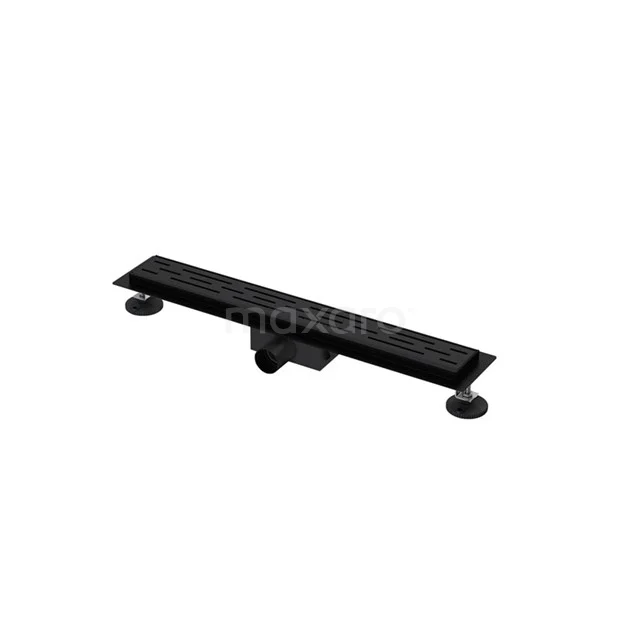 Schwarze Duschrinne mit klarem Design, matter Oberfläche und verstellbaren Füßen, ideal für ein modernes Badezimmer.