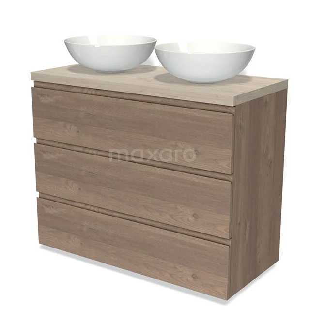 Modulo Plato Vanity units for countertop basin | 100 cm Mid brown oak Handle-less front Light grey oak worktop 3 drawers BMK19-01408