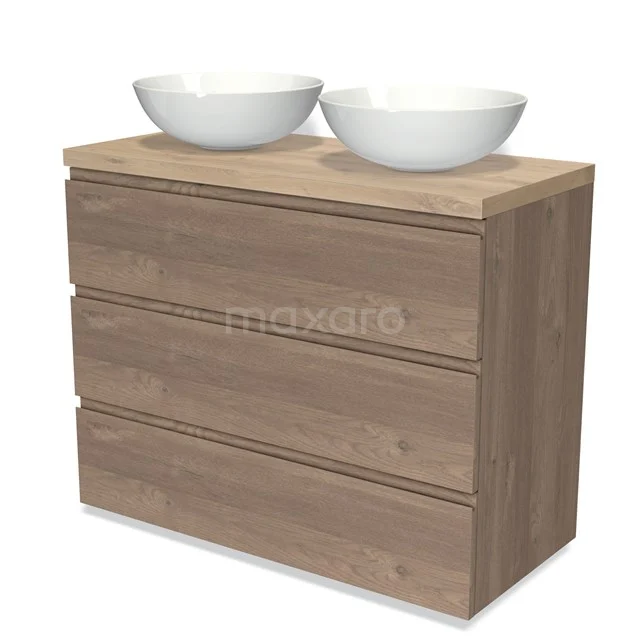 Modulo Plato Vanity units for countertop basin | 100 cm Mid brown oak Handle-less front Light brown oak worktop 3 drawers BMK19-01409