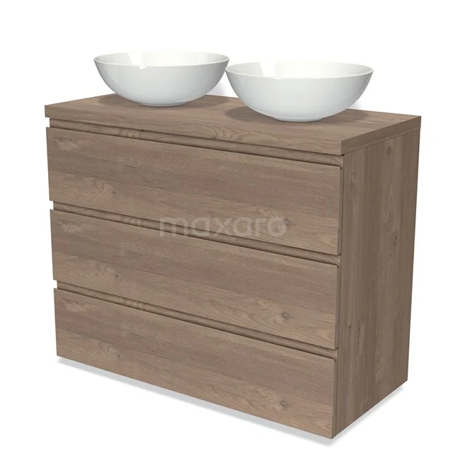 Modulo Plato Vanity units for countertop basin | 100 cm Mid brown oak Handle-less front Mid brown oak worktop 3 drawers BMK19-01410