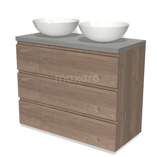 Modulo Plato Vanity units for countertop basin | 100 cm Mid brown oak Handle-less front Light grey concrete worktop 3 drawers BMK19-01413