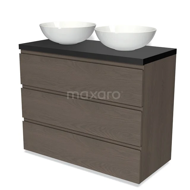 Badmöbel Holzoptik mit schwarzer Platte und doppelten runden Waschbecken, ideal für moderne Badezimmergestaltung.