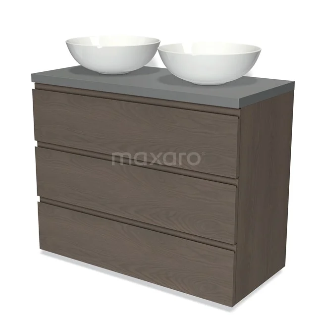 Modulo Plato Vanity units for countertop basin | 100 cm Dark brown oak Handle-less front Mid grey worktop 3 drawers BMK19-01416