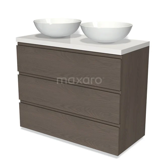 Braunes Holz-Badmöbel mit doppeltem Aufsatzwaschbecken, weißer Platte und drei Schubladen, modernes Design, ideal für eine stilvolle Badezimmergestaltung.