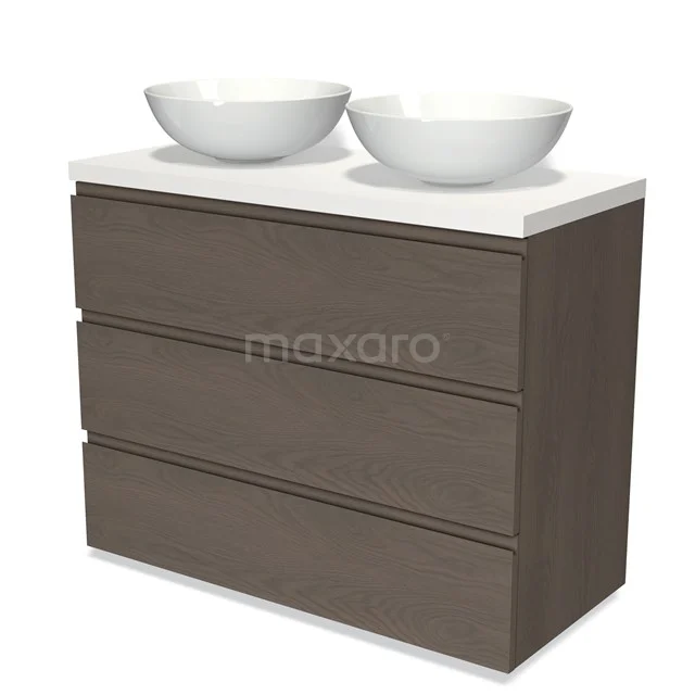 Brown wooden bathroom unit with double white vanity units for countertop wash basins, sleek design and three spacious drawers for storage space.