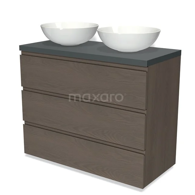 Modulo Plato Vanity units for countertop basin | 100 cm Dark brown oak Handle-less front Dark grey worktop 3 drawers BMK19-01419